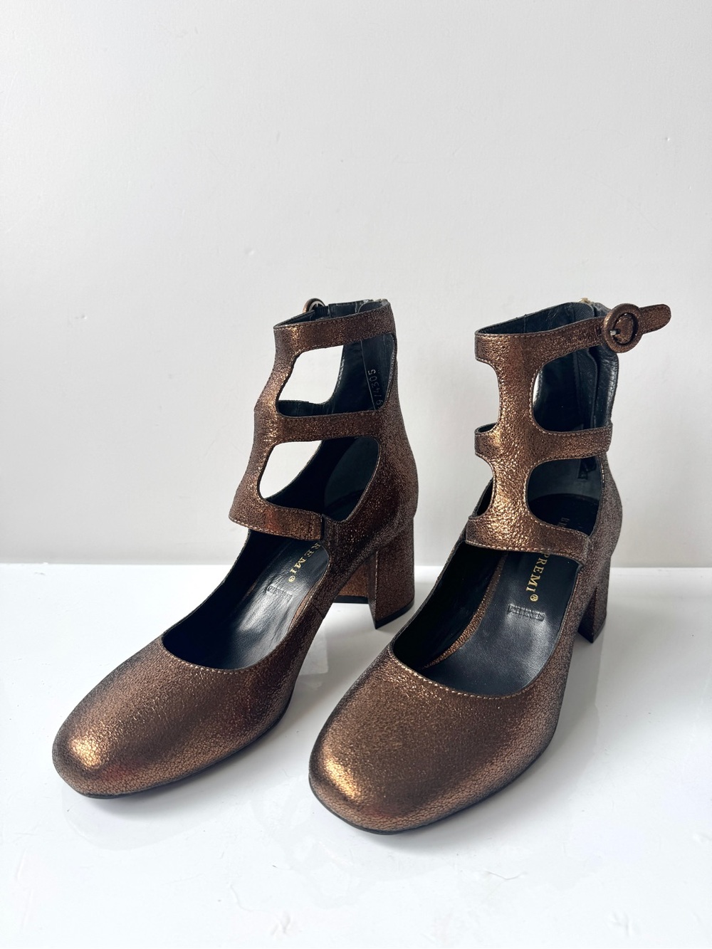 Bruno Premi Bronze Crinkled Metallic Leather Multi-Strap Block Heels Size 39